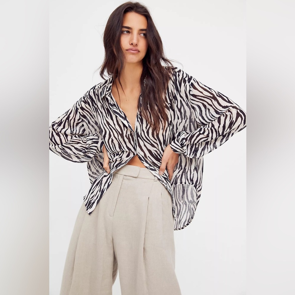 Free People Ciara Printed Button Down Top, Zebra Combo, Size Large, Animal Print